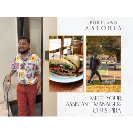 Meet #PortlandAstoria Team Member, Chris Pira - Assistant Manager 👋  What is your favorite park in Portland? "Fields Park, because it’s really close to home and I love seeing so many dogs and their owners playing and having a blast in the sun."  What is your favorite restaurant in Portland? "My Vice food and spirits, a truly delicious brunch spot in the Mt. Tabor/Hawthorne area. It emphasizes foods packed with flavor and creativity, and the ambiance on the patio is especially great on a sunny ... Instagram post from @portlandastoria on July 20, 2024 12:05:00pm
