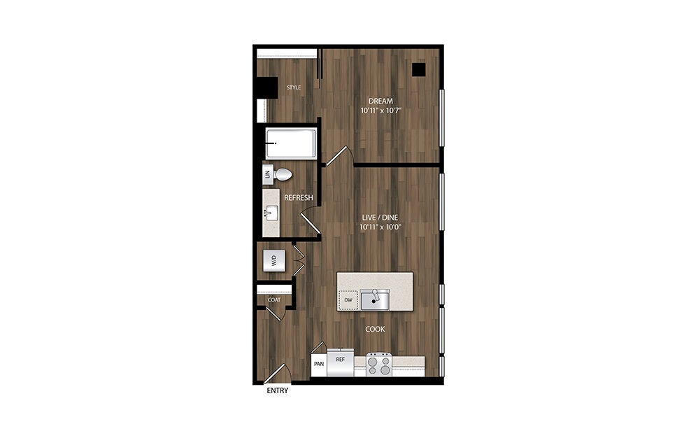 A3 - 1 bedroom floorplan layout with 1 bath and 617 square feet.