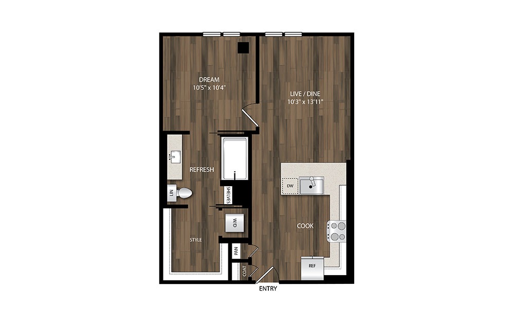 A4 - 1 bedroom floorplan layout with 1 bath and 619 square feet.