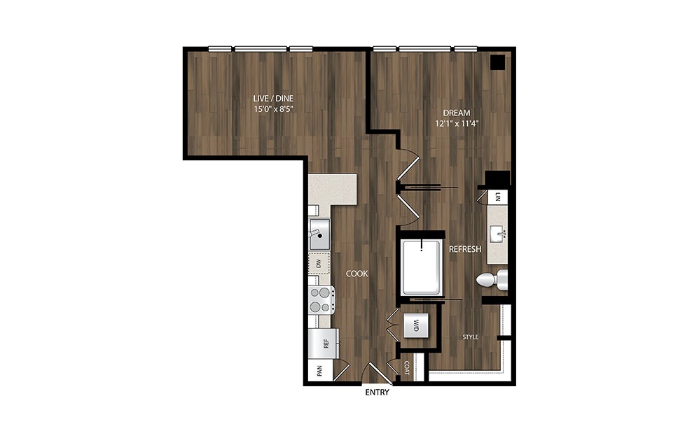 A7.1 - 1 bedroom floorplan layout with 1 bath and 641 square feet.
