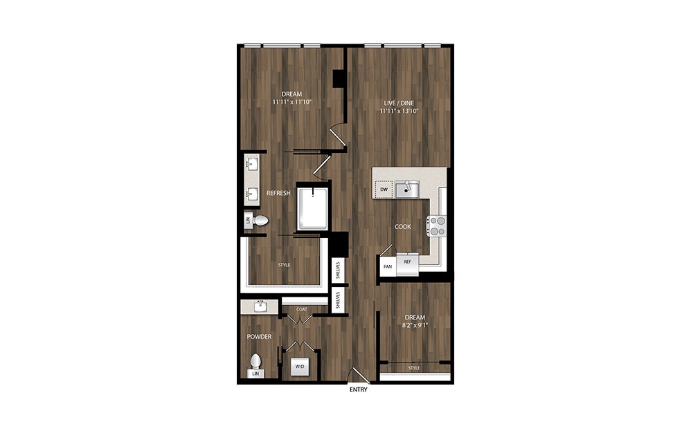 B1 - 2 bedroom floorplan layout with 1.5 bath and 976 square feet.