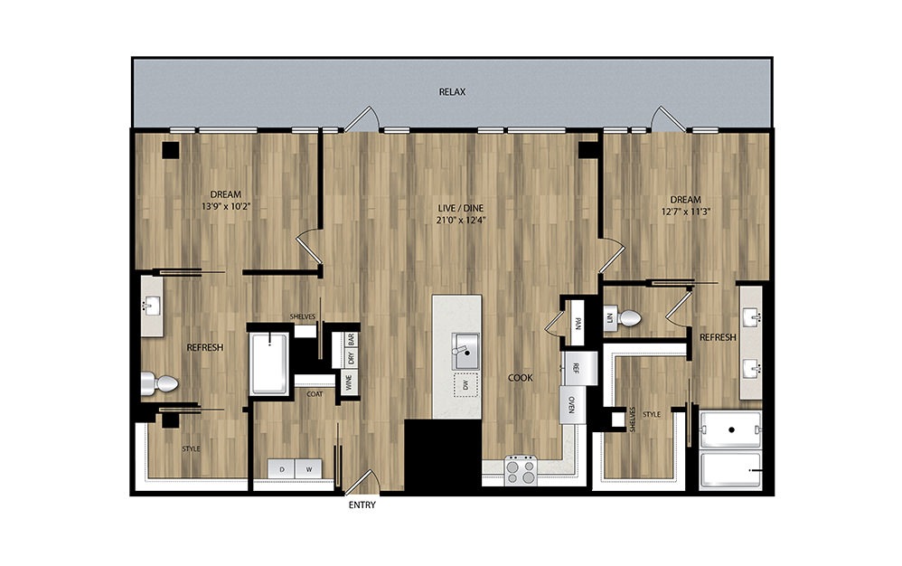 PH1 - 2 bedroom floorplan layout with 2 baths and 1325 square feet.