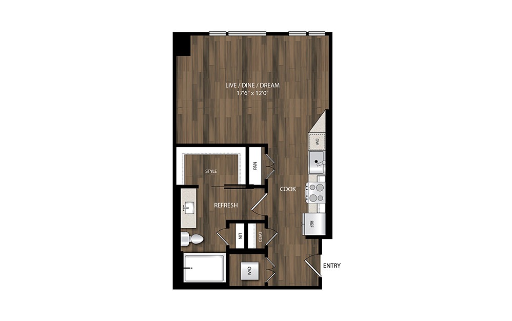 S3.1 - Studio floorplan layout with 1 bath and 531 square feet.